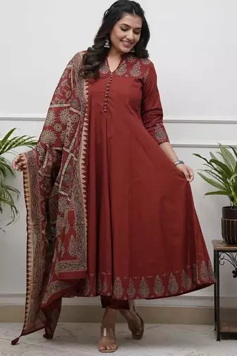 Maroon Printed Sequence Work on Neck Anarkali Cotton Kurti Pant Dupatta Set For Women