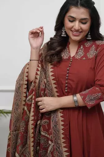 Maroon Printed Sequence Work on Neck Anarkali Cotton Kurti Pant Dupatta Set For Women