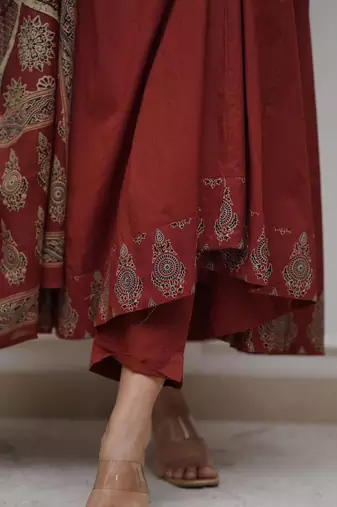 Maroon Printed Sequence Work on Neck Anarkali Cotton Kurti Pant Dupatta Set For Women