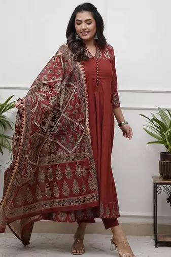 Maroon Printed Sequence Work on Neck Anarkali Cotton Kurti Pant Dupatta Set For Women