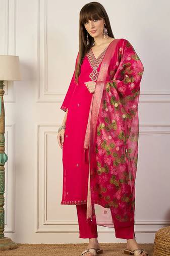 Floral embroidered silk blend v neck kurta trouser & dupatta set
