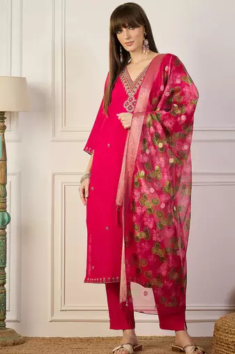 Floral embroidered silk blend v neck kurta trouser & dupatta set