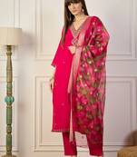 Floral embroidered silk blend v neck kurta trouser & dupatta set