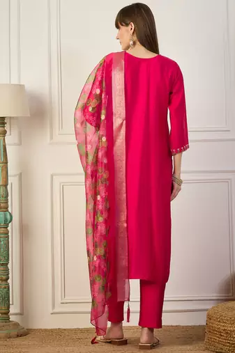 Floral embroidered silk blend blend v neck kurta trouser & dupatta set