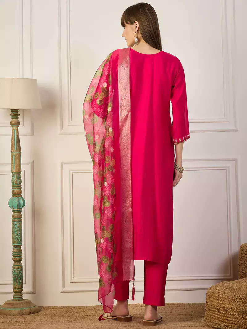 Floral embroidered silk blend v neck kurta trouser & dupatta set