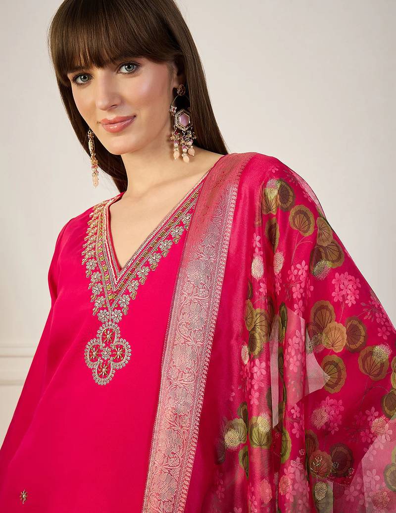 Floral embroidered silk blend v neck kurta trouser & dupatta set
