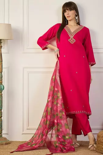 Floral embroidered silk blend blend v neck kurta trouser & dupatta set