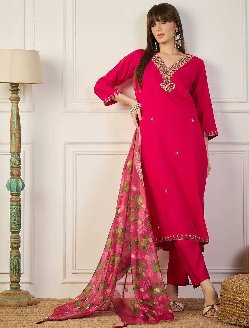 Floral embroidered silk blend v neck kurta trouser & dupatta set
