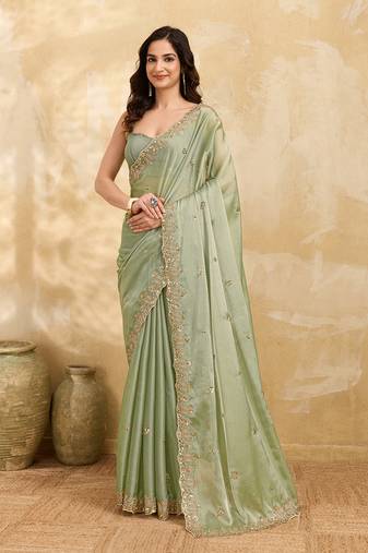 Pista silk blend beads embroidery with sequence work saree with unstitch blouse piece for women