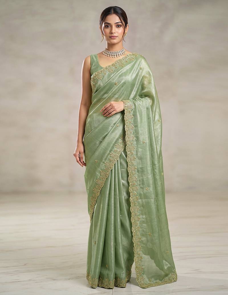 Pista art silk beads embroidery with sequence work saree with unstitch blouse piece for women