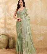 Pista silk blend beads embroidery with sequence work saree with unstitch blouse piece for women