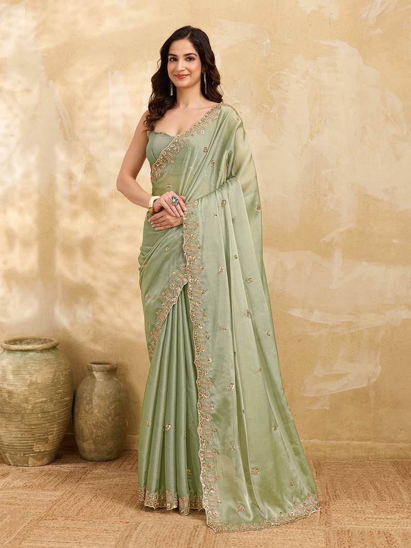 Pista silk blend beads embroidery with sequence work saree with unstitch blouse piece for women