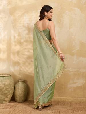 Pista silk blend beads embroidery with sequence work saree with unstitch blouse piece for women 2