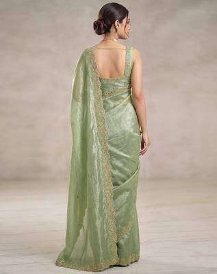 Pista art silk beads embroidery with sequence work saree with unstitch blouse piece for women 2