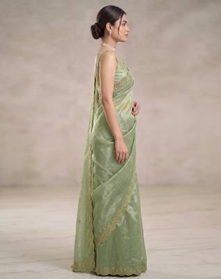 Pista art silk beads embroidery with sequence work saree with unstitch blouse piece for women 3