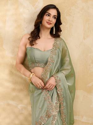 Pista silk blend beads embroidery with sequence work saree with unstitch blouse piece for women 3