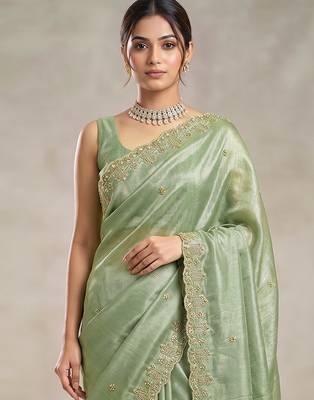 Pista art silk beads embroidery with sequence work saree with unstitch blouse piece for women 4