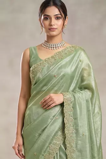 Pista art silk beads embroidery with sequence work saree with unstitch blouse piece for women