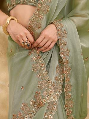 Pista silk blend beads embroidery with sequence work saree with unstitch blouse piece for women 4