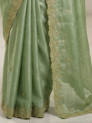 Pista art silk beads embroidery with sequence work saree with unstitch blouse piece for women 5