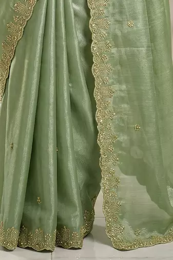 Pista art silk beads embroidery with sequence work saree with unstitch blouse piece for women
