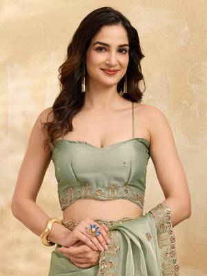 Pista silk blend beads embroidery with sequence work saree with unstitch blouse piece for women 5