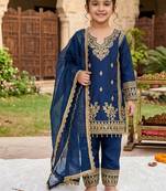 Designer party wear heavy silk kids top pent & dupatta set