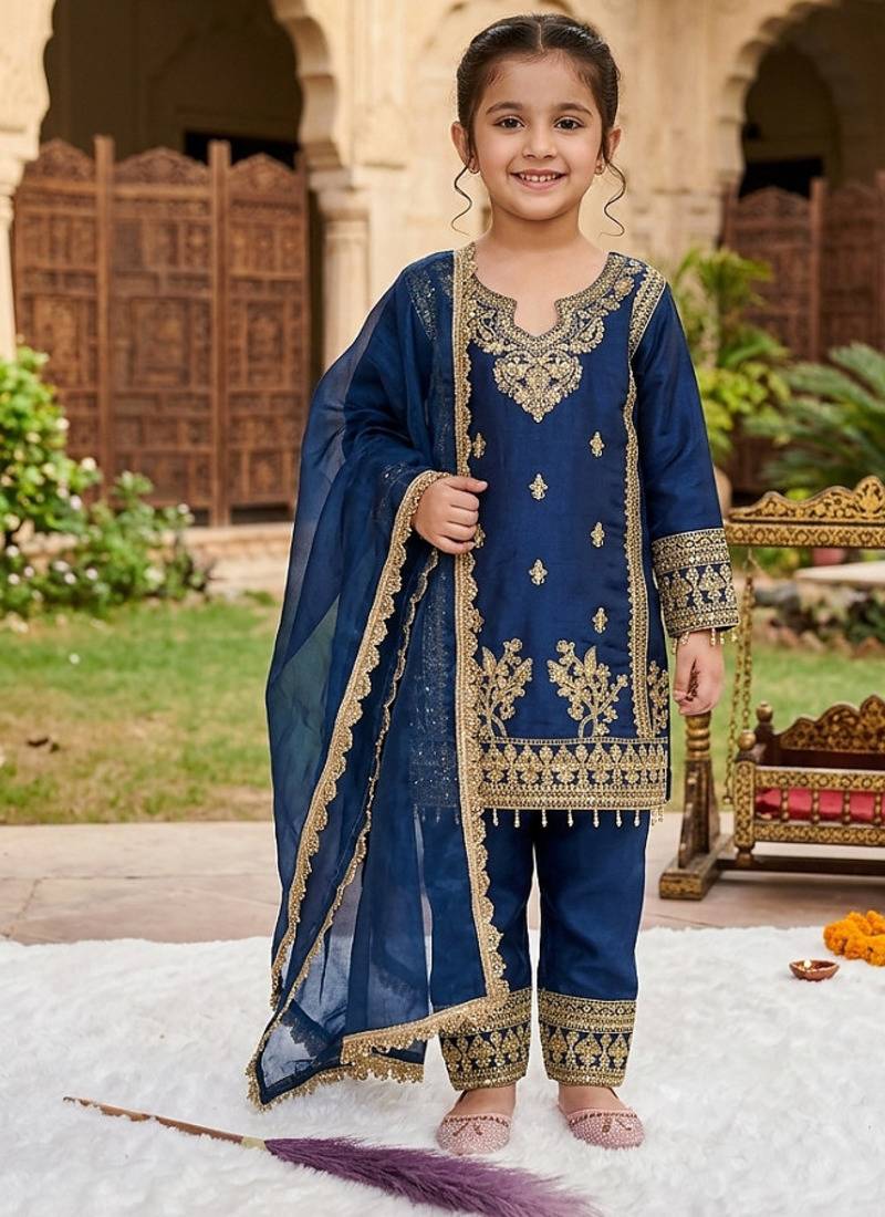 Designer party wear heavy silk kids top pent & dupatta set