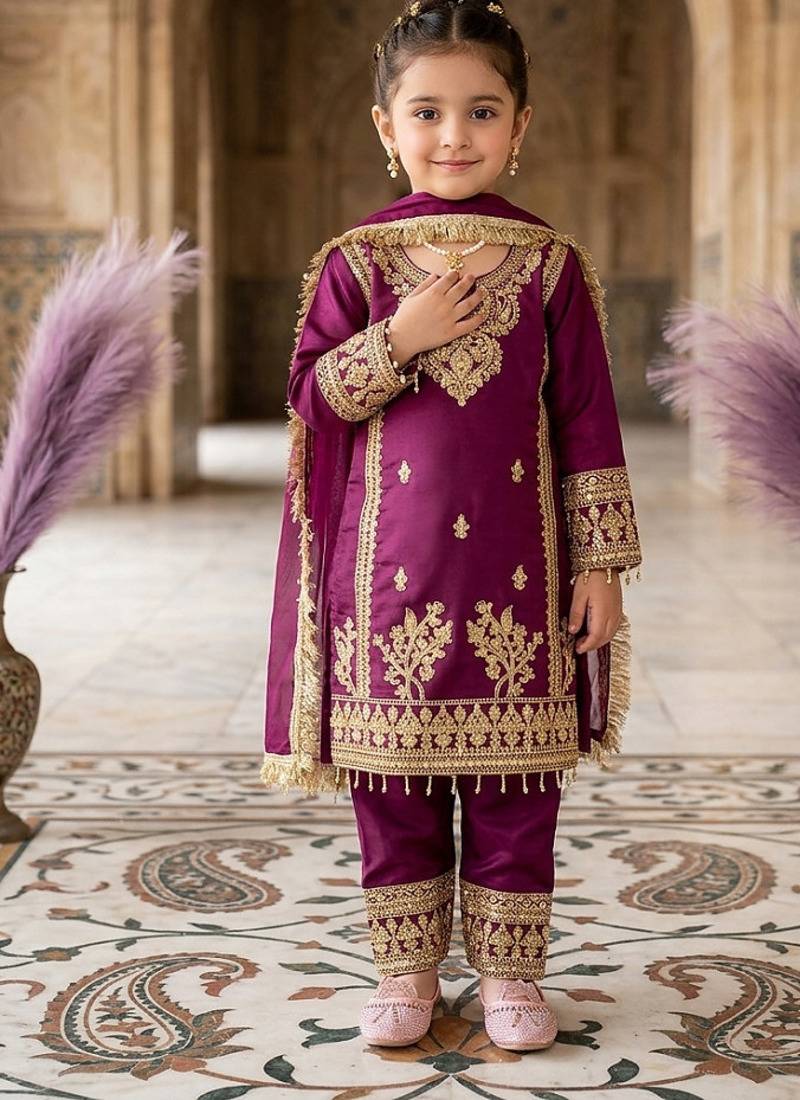 Designer party wear heavy silk kids top pent & dupatta set
