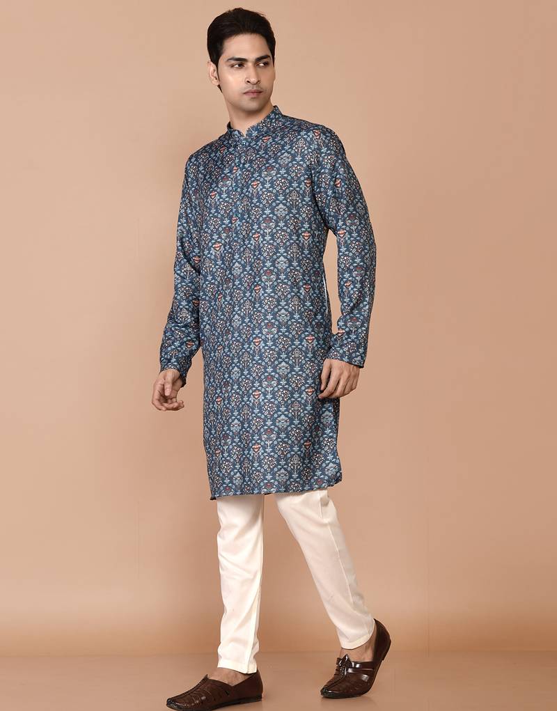 Men's floral printed cotton straight  kurta