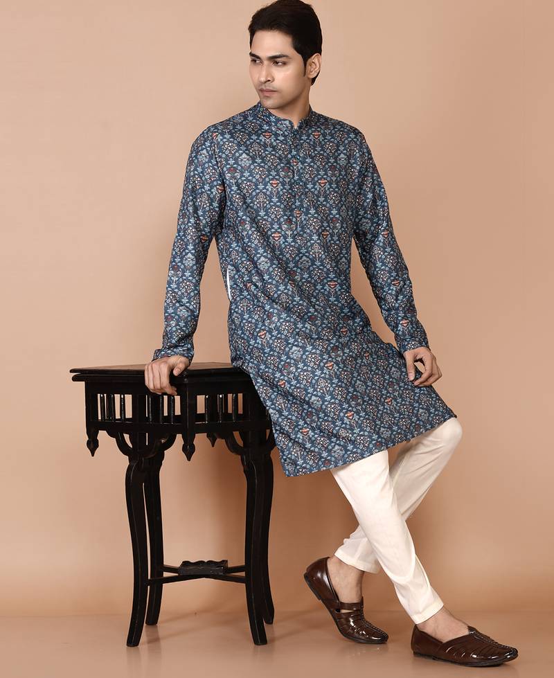 Men's floral printed cotton straight  kurta