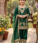 Designer party wear heavy silk kids top pent & dupatta set