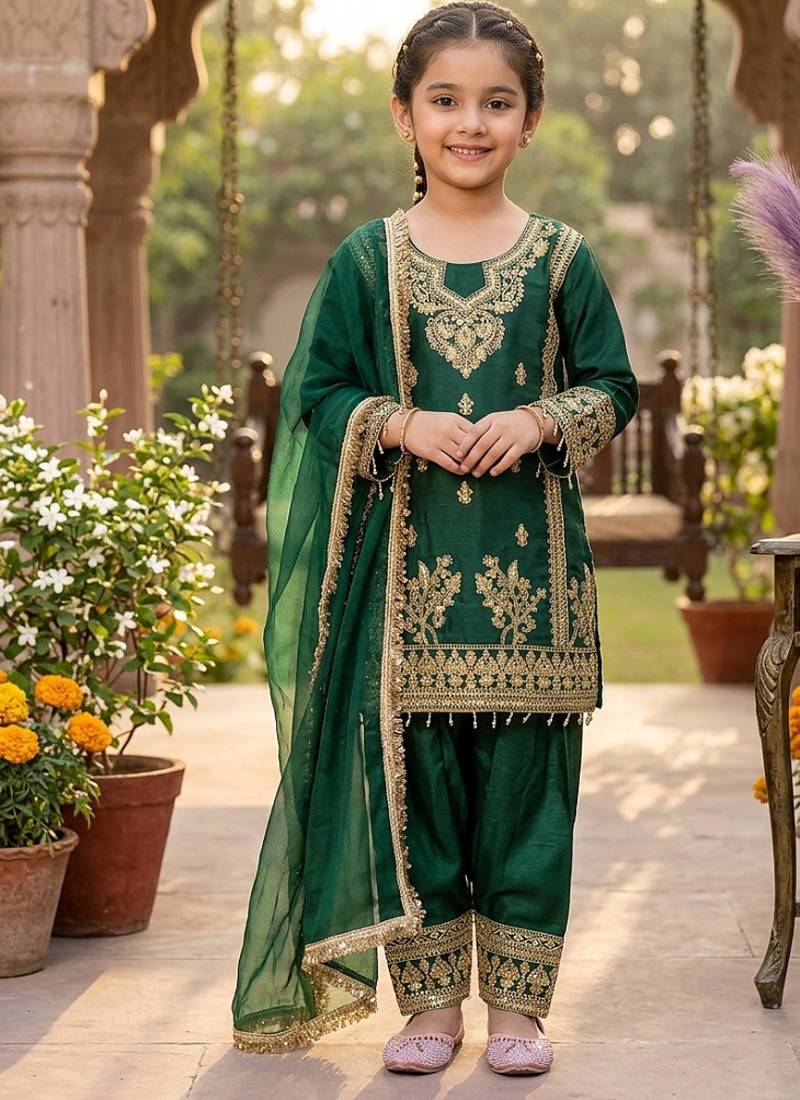 Designer party wear heavy silk kids top pent & dupatta set