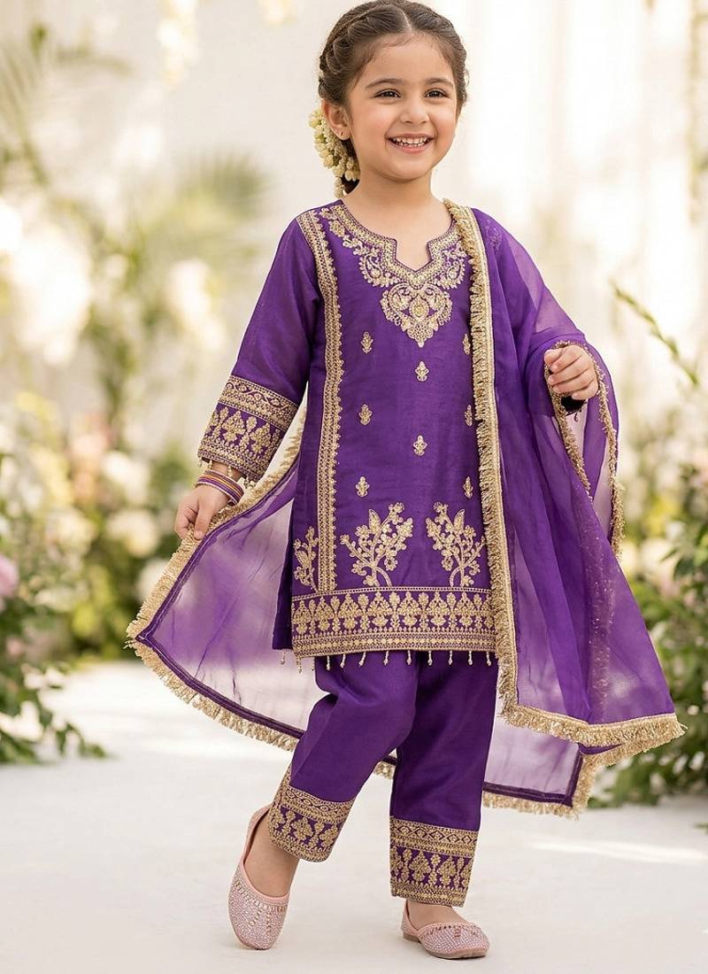 Designer party wear heavy silk kids top pent & dupatta set
