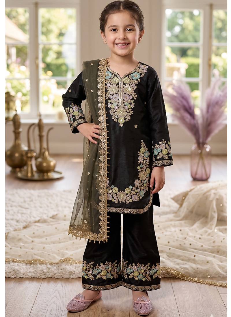 Kids festival wear black embroidered silk kurta plazzo set