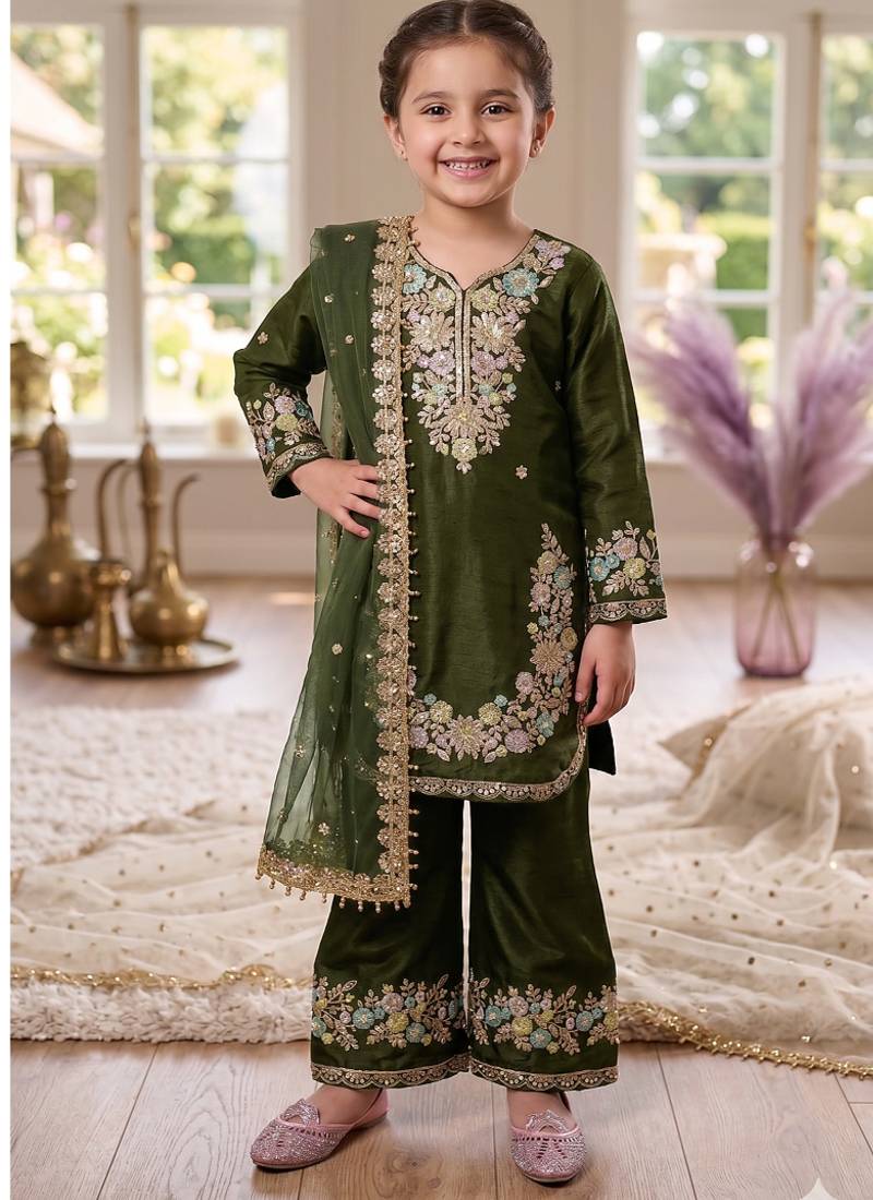 Kids festival wear black embroidered silk kurta plazzo set