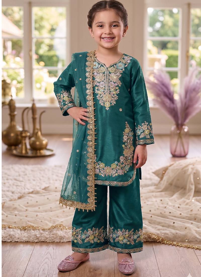 Kids festival wear black embroidered silk kurta plazzo set
