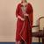 Floral embroidered silk blend v neck kurta trouser & dupatta set