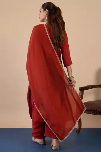 Floral embroidered silk blend blend v neck kurta trouser & dupatta set