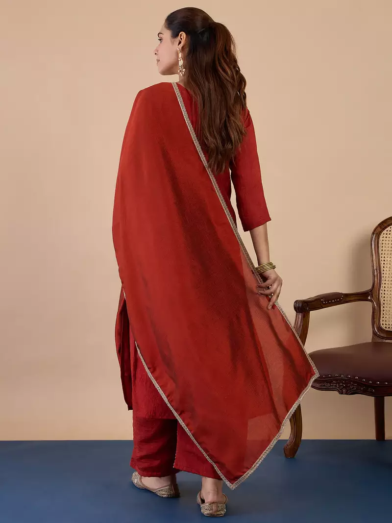 Floral embroidered silk blend v neck kurta trouser & dupatta set