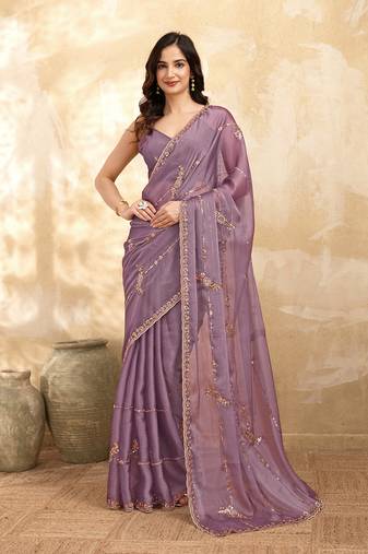 Purple Silk Blend Beads Embroidery With Sequence Work Saree with Unstitch Blouse Piece For Women