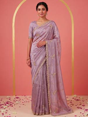 Purple Art Silk Beads Embroidery With Sequence Work Saree with Unstitch Blouse Piece For Women 1