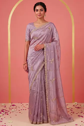 Purple Art Silk Beads Embroidery With Sequence Work Saree with Unstitch Blouse Piece For Women