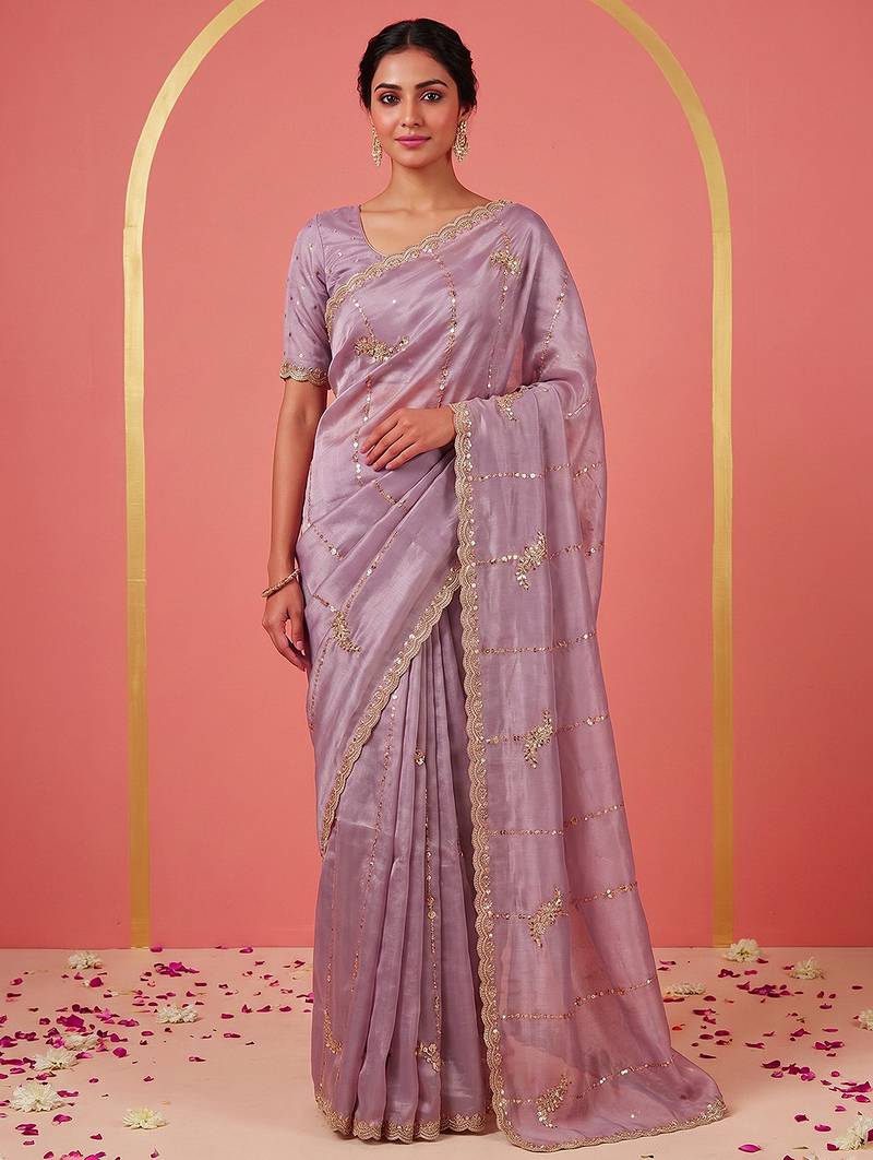 Purple Art Silk Beads Embroidery With Sequence Work Saree with Unstitch Blouse Piece For Women