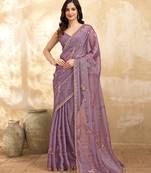 Purple Silk Blend Beads Embroidery With Sequence Work Saree with Unstitch Blouse Piece For Women