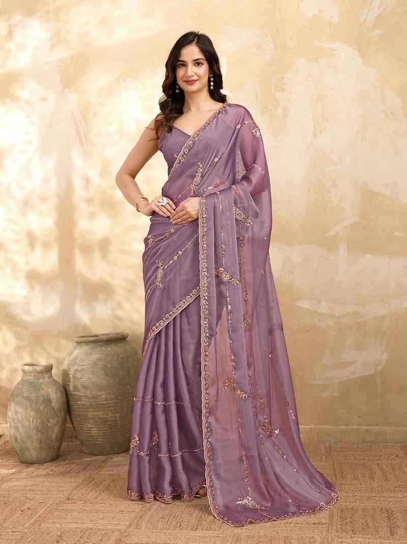 Purple Silk Blend Beads Embroidery With Sequence Work Saree with Unstitch Blouse Piece For Women