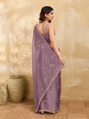 Purple Silk Blend Beads Embroidery With Sequence Work Saree with Unstitch Blouse Piece For Women 2