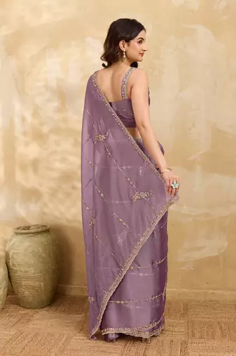 Purple Silk Blend Beads Embroidery With Sequence Work Saree with Unstitch Blouse Piece For Women