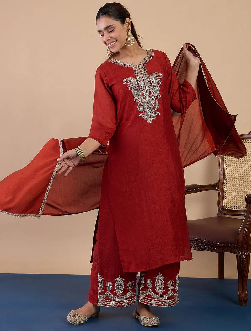 Floral embroidered silk blend v neck kurta trouser & dupatta set