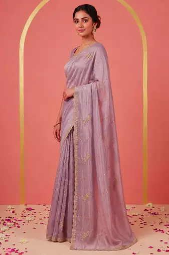 Purple Art Silk Beads Embroidery With Sequence Work Saree with Unstitch Blouse Piece For Women